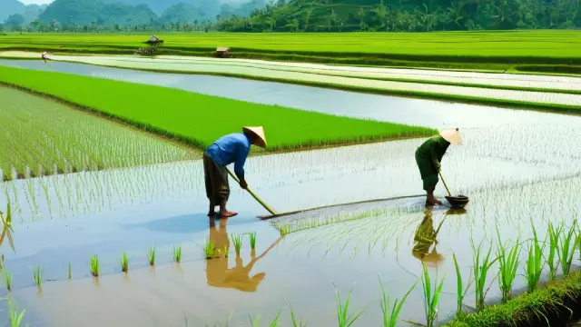 Ázsiai rízsföldön ázsiai emberek dolgoznak