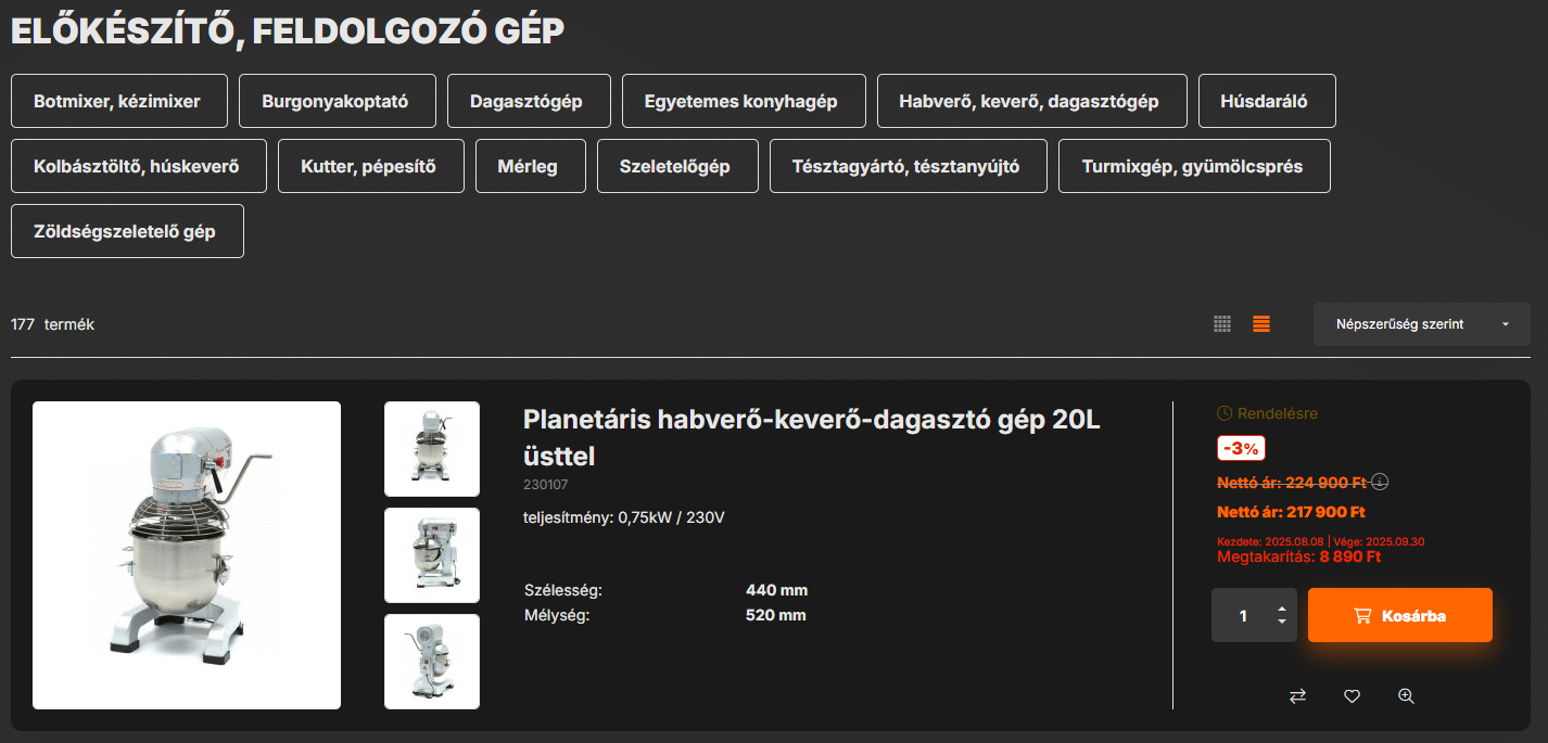 Előkészítő, feldolgozó gépek ipari konyhák részére